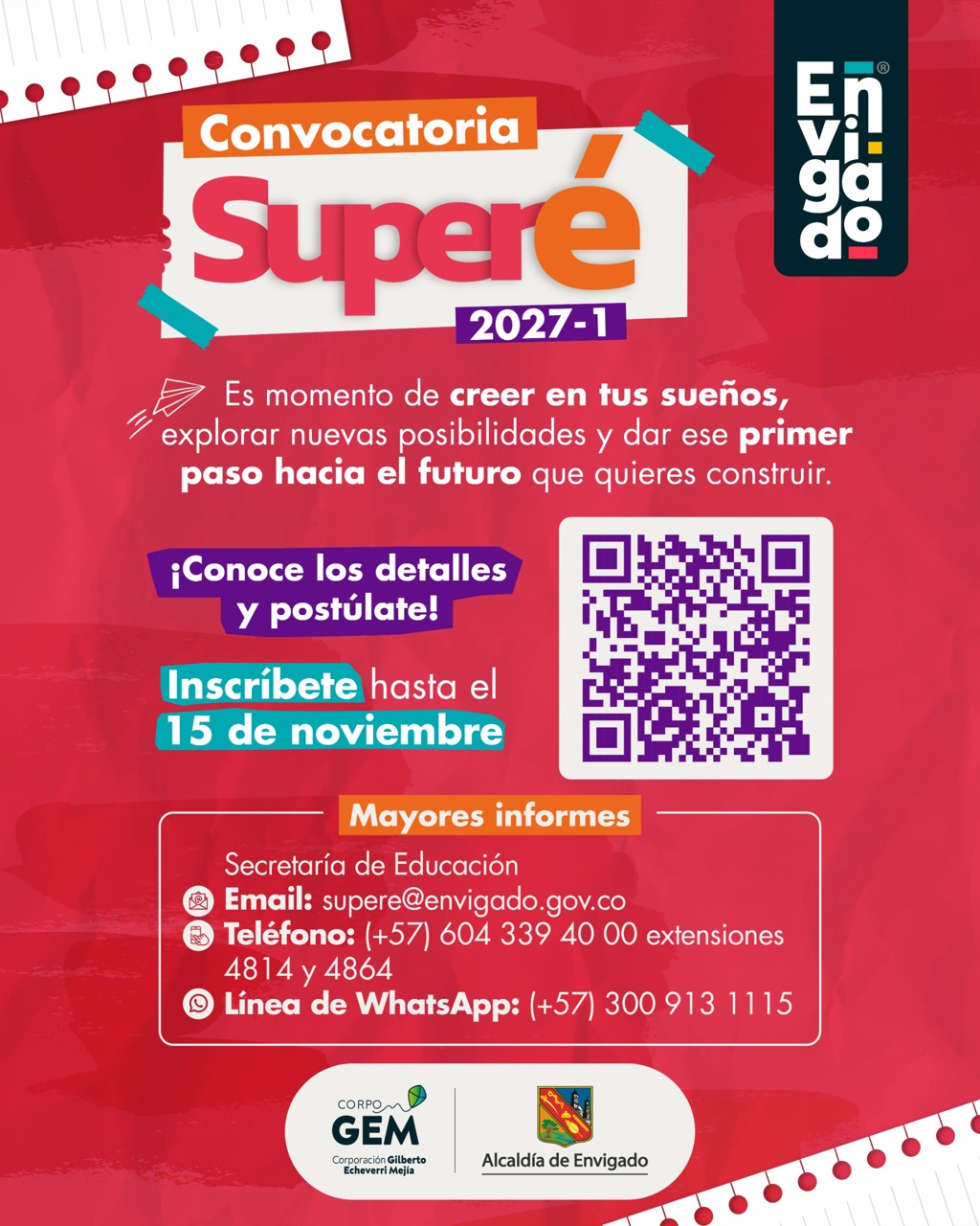 La Alcaldía de Envigado abre la convocatoria del programa de becas “Superé” para el primer semestre de 2027